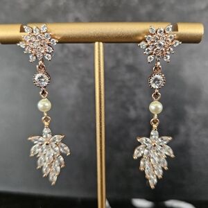 Elegant Rose Gold Toned Sparkly Floral Drop Earrings